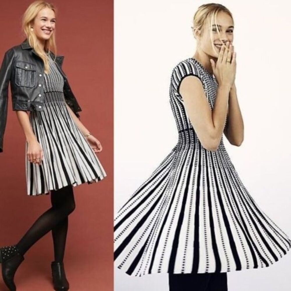 Anthropologie Maeve Dress Womens XL Black White Striped Fit Flare Knit Midi